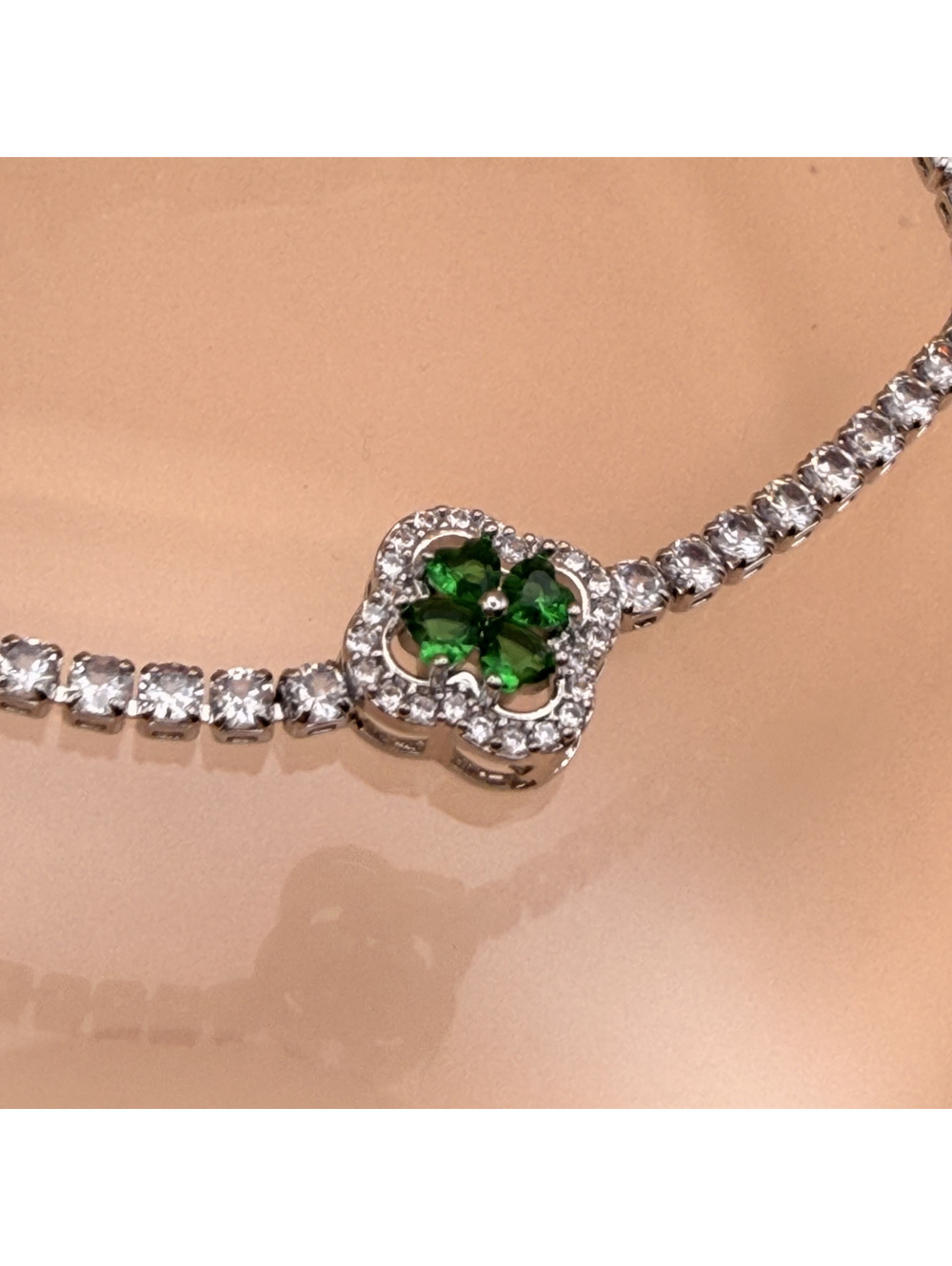 Candy+Clover Emerald Crystal Clover Rhinestone Silver Tone Bracelet